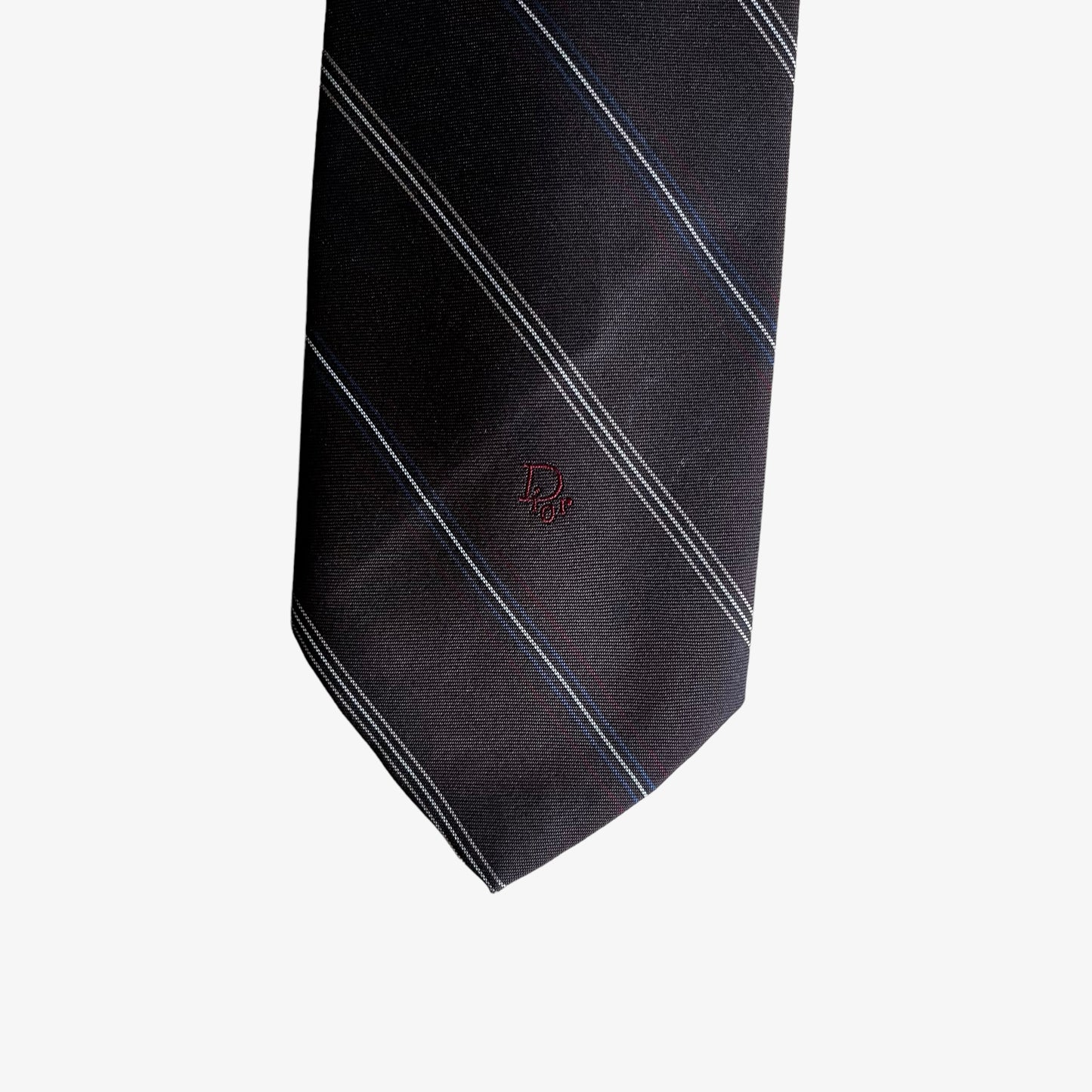 Vintage 80s Christian Dior Striped Silk Tie With Embroidered Spell Out Logo - Casspios Dream