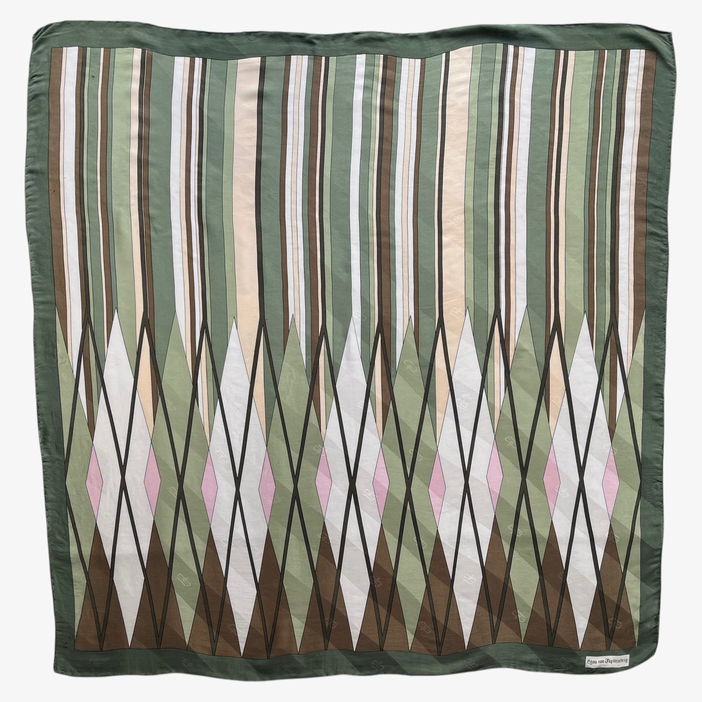 Women's vintage 80s Egon Von Furstenberg abstract brown and pink tartan print green silk scarf.
