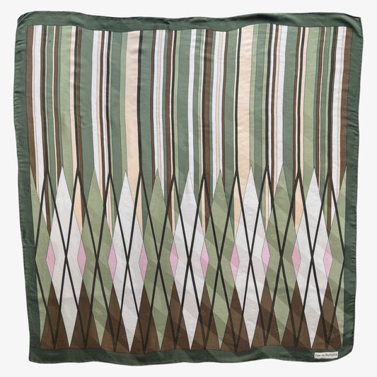Women's vintage 80s Egon Von Furstenberg abstract brown and pink tartan print green silk scarf.