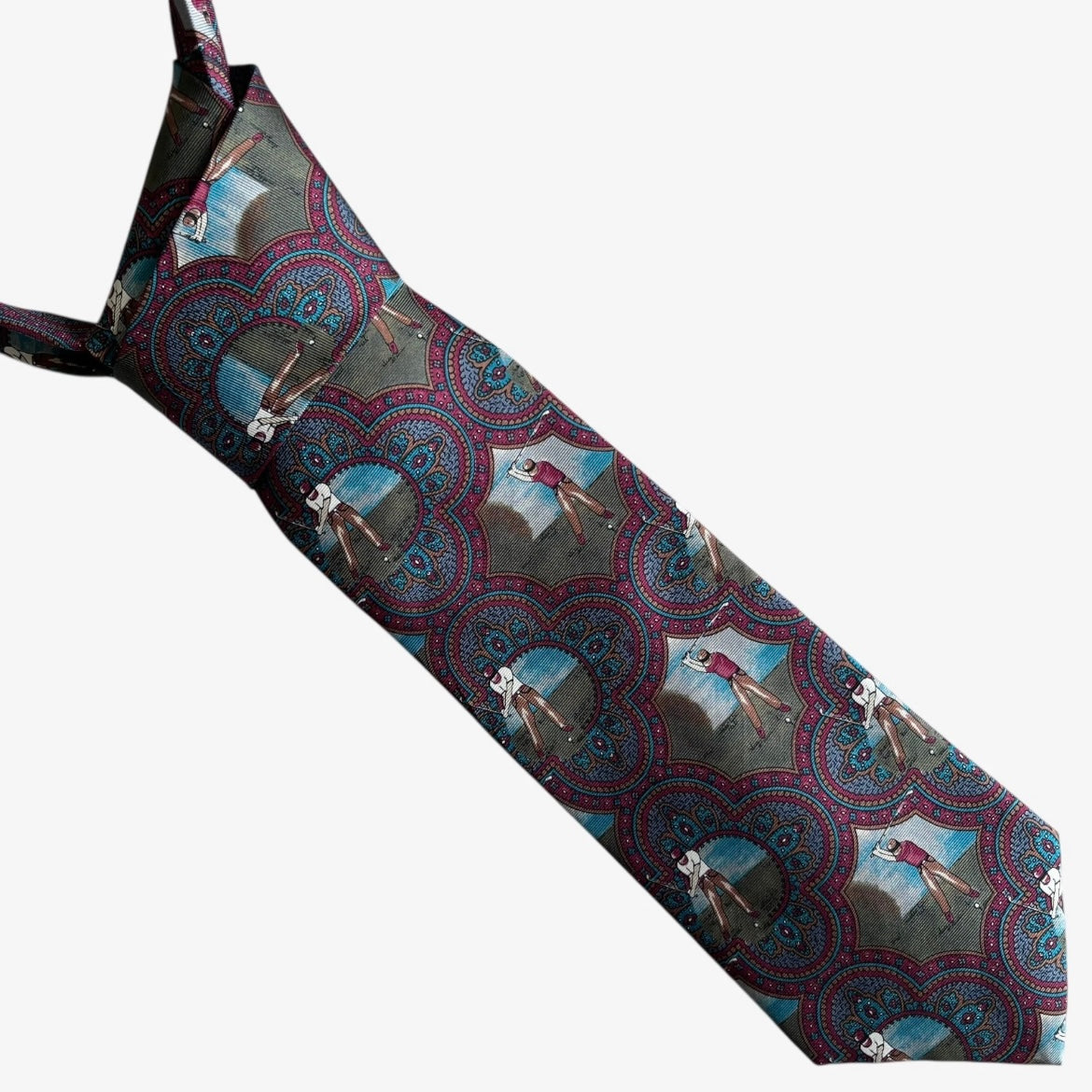 Vintage 80s Europeennes purple silk tie with geometric paisley and golf print design.