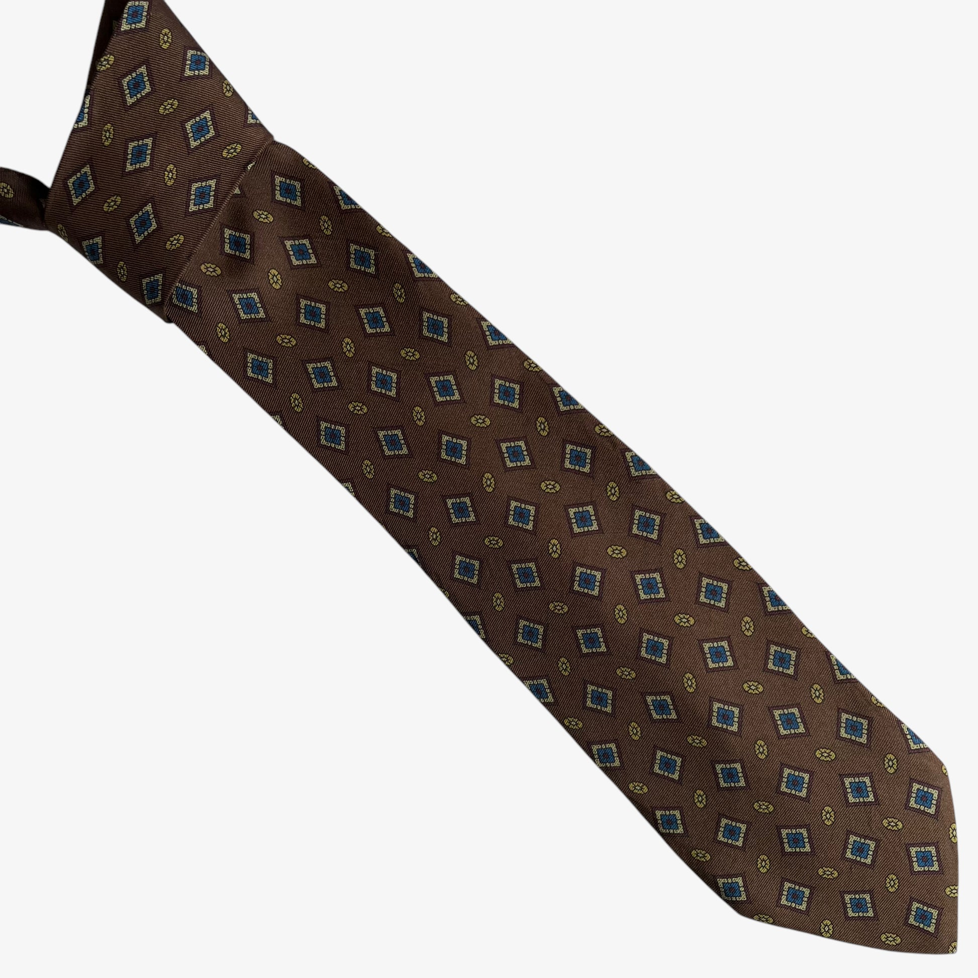 Vintage 80s Fendi Roma Geometric Print Brown Silk Tie - Casspios Dream
