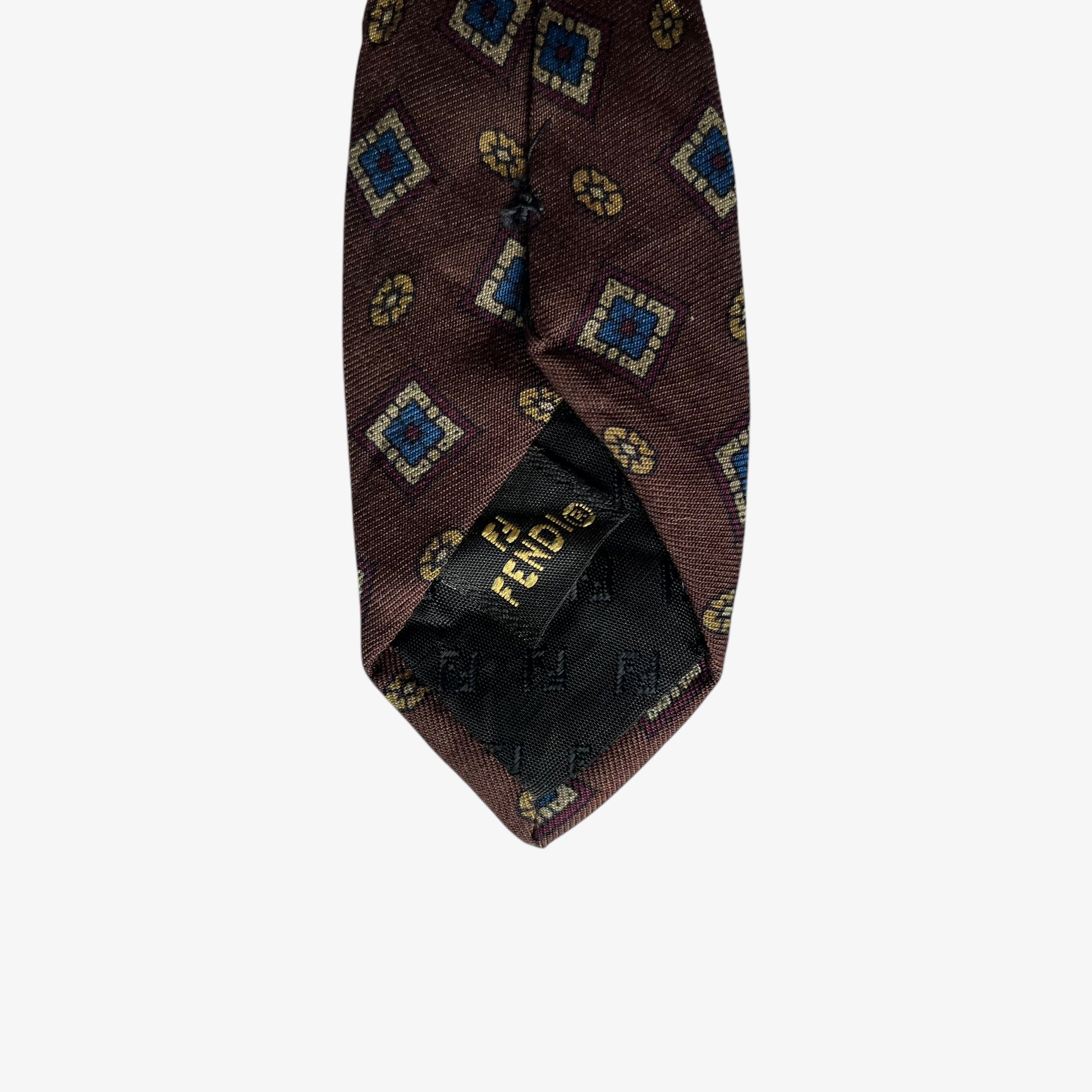 Vintage 80s Fendi Roma Geometric Print Brown Silk Tie Label - Casspios Dream