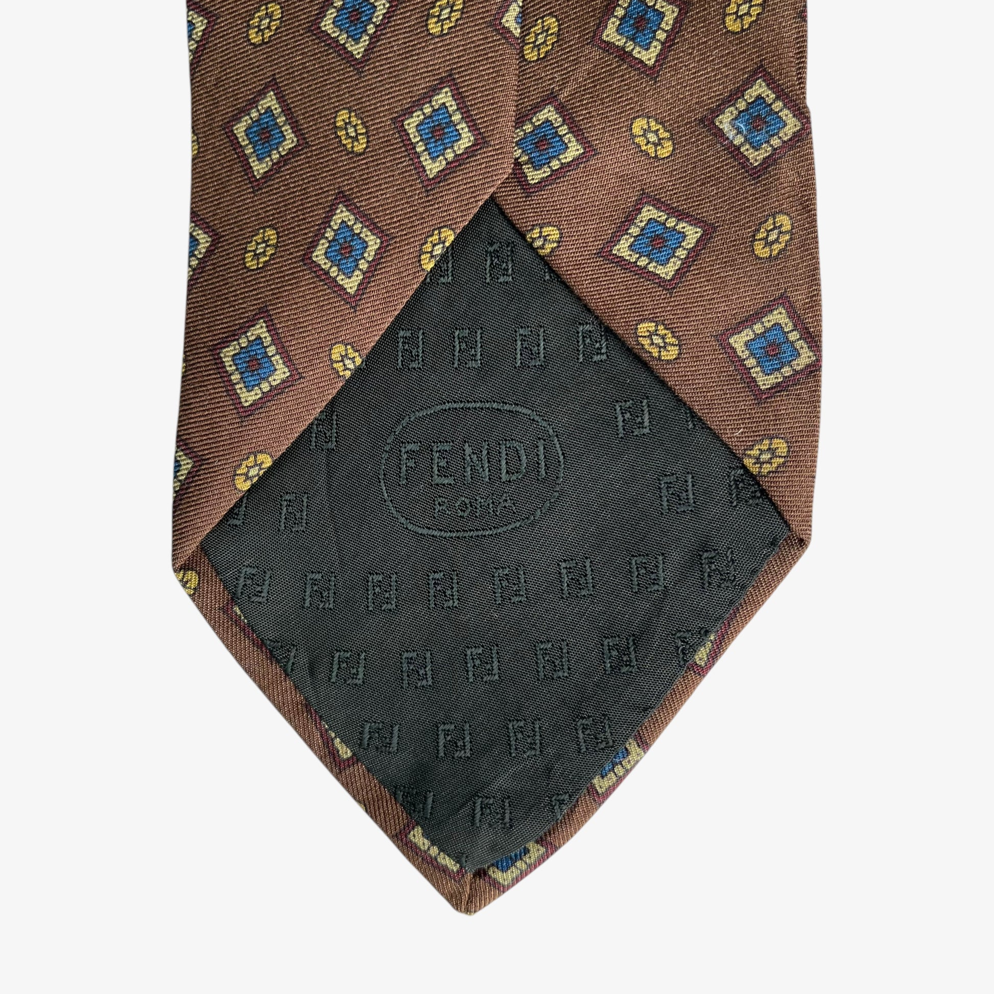 Vintage 80s Fendi Roma Geometric Print Brown Silk Tie Logo - Casspios Dream