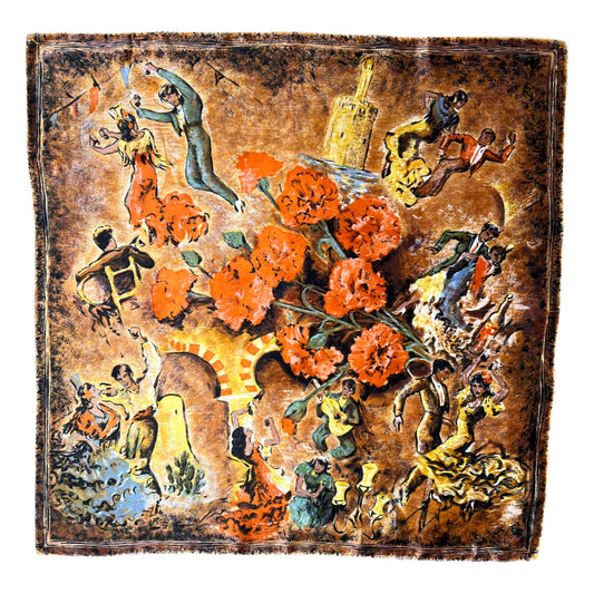 Vintage 80s Flamenco Dancing Print Orange Scarf - Casspios Dream