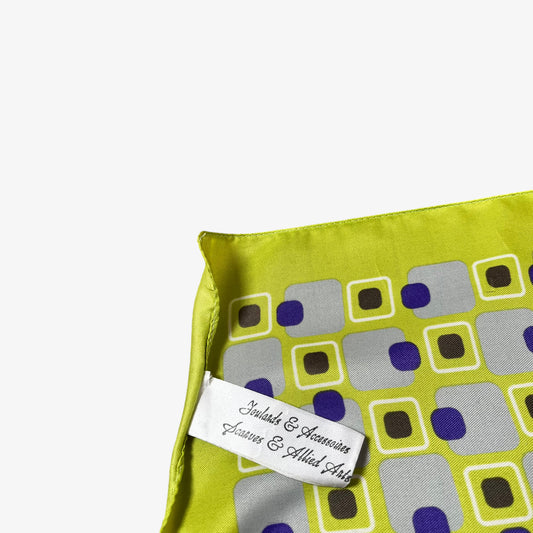 Vintage 80s Foulands Green And Purple Abstract Square Print Polyester Scarf Label - Casspios Dream