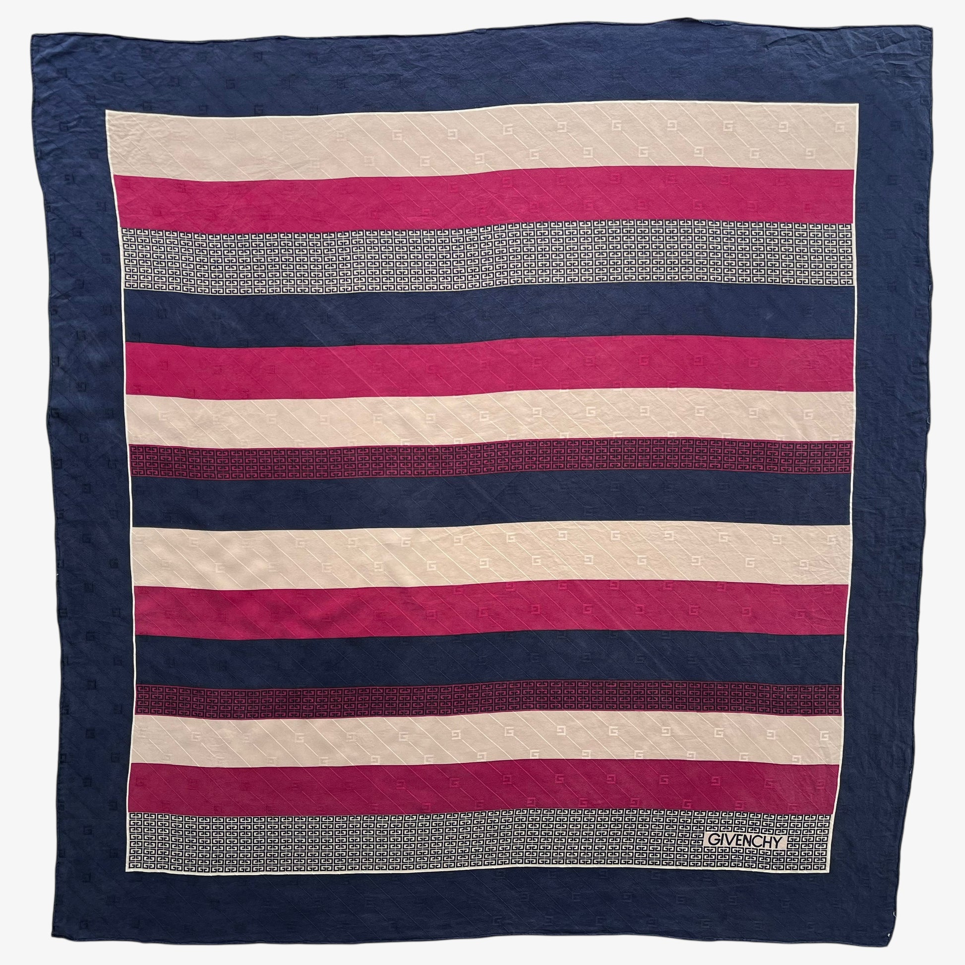 Navy and red striped Givenchy vintage 80s silk scarf featuring a G monogram print.