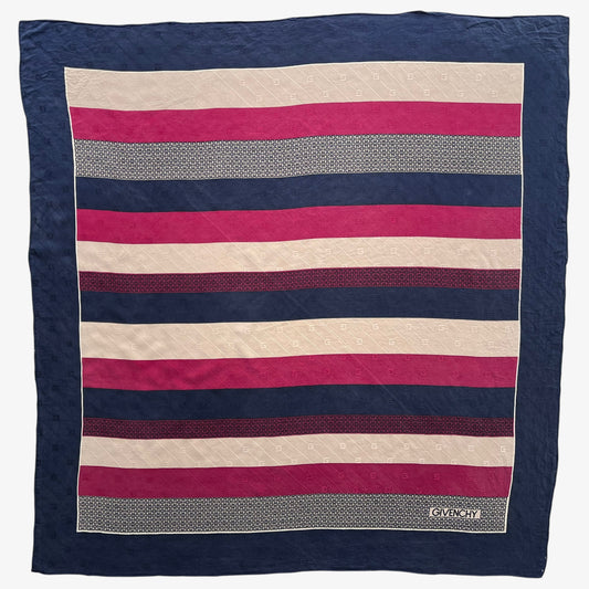 Navy and red striped Givenchy vintage 80s silk scarf featuring a G monogram print.