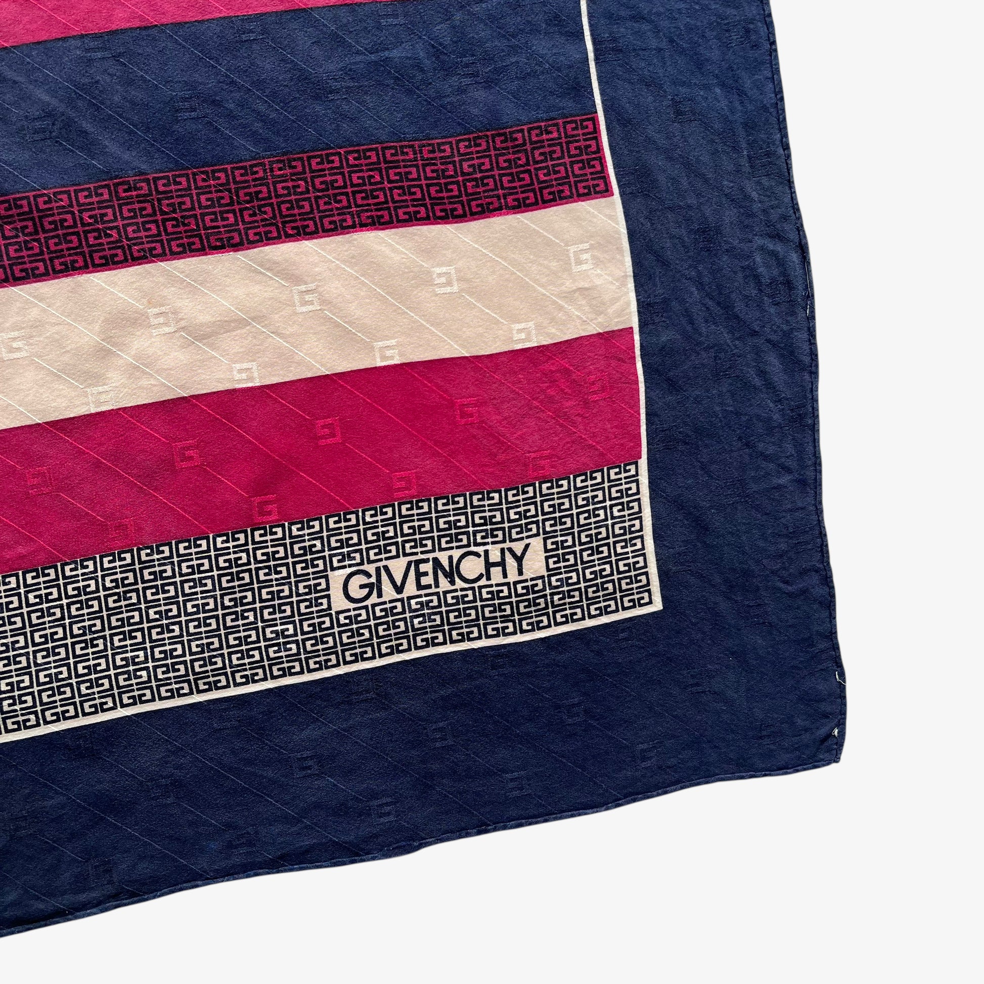 Spell out logo of vintage 80s Givenchy navy and red striped silk scarf featuring a G monogram print.