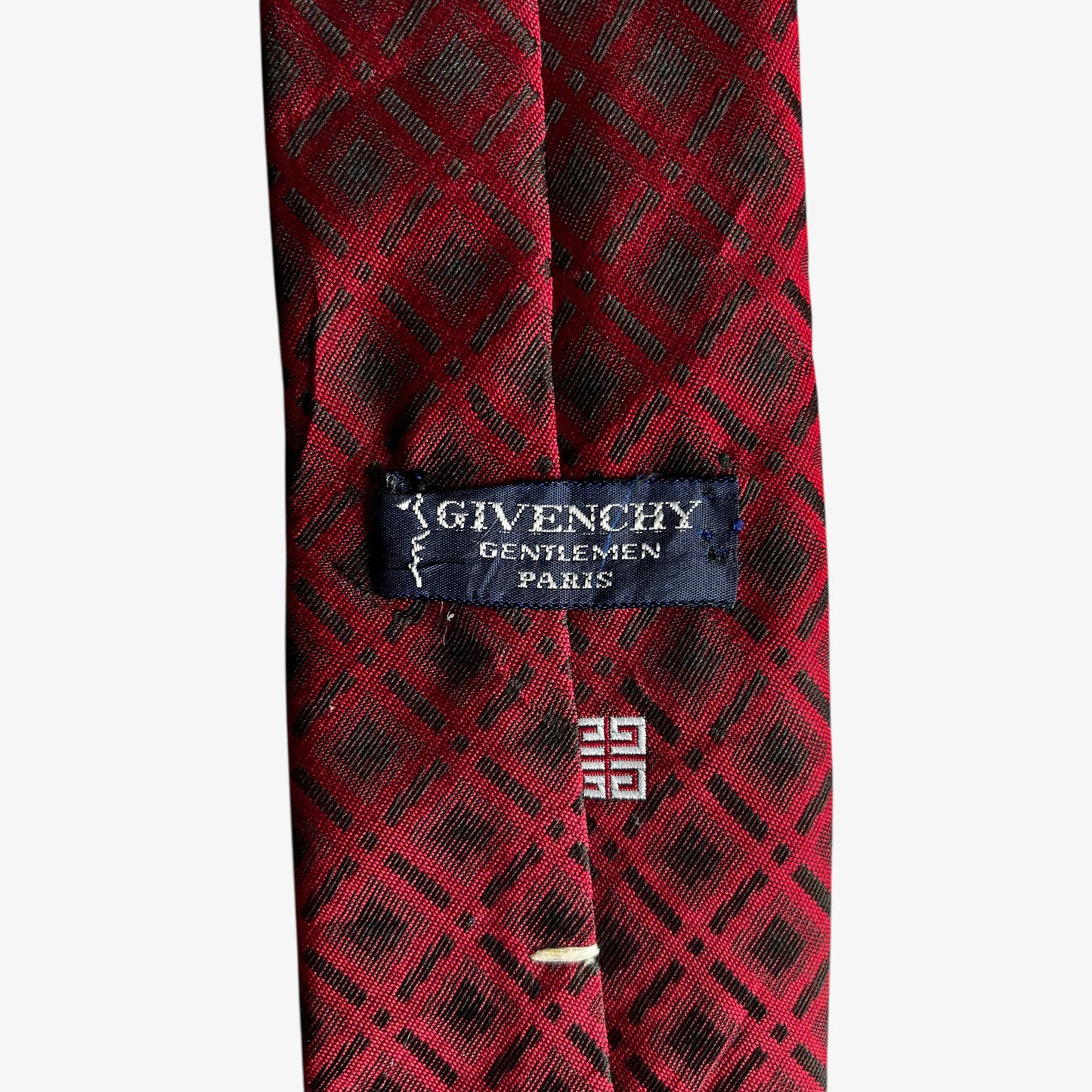 Vintage 80s Givenchy Gentlemen Checkered Print Red Polyester Tie Label - Casspios Dream