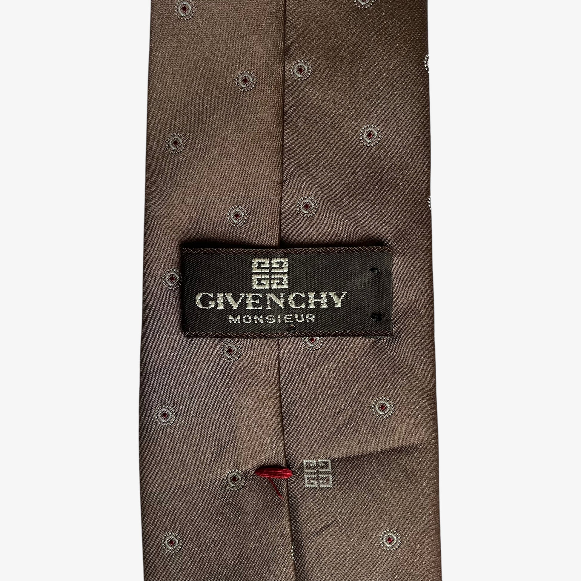 Vintage 80s Givenchy Monsieur Geometric Print Brown Silk Blend Tie Label - Casspios Dream