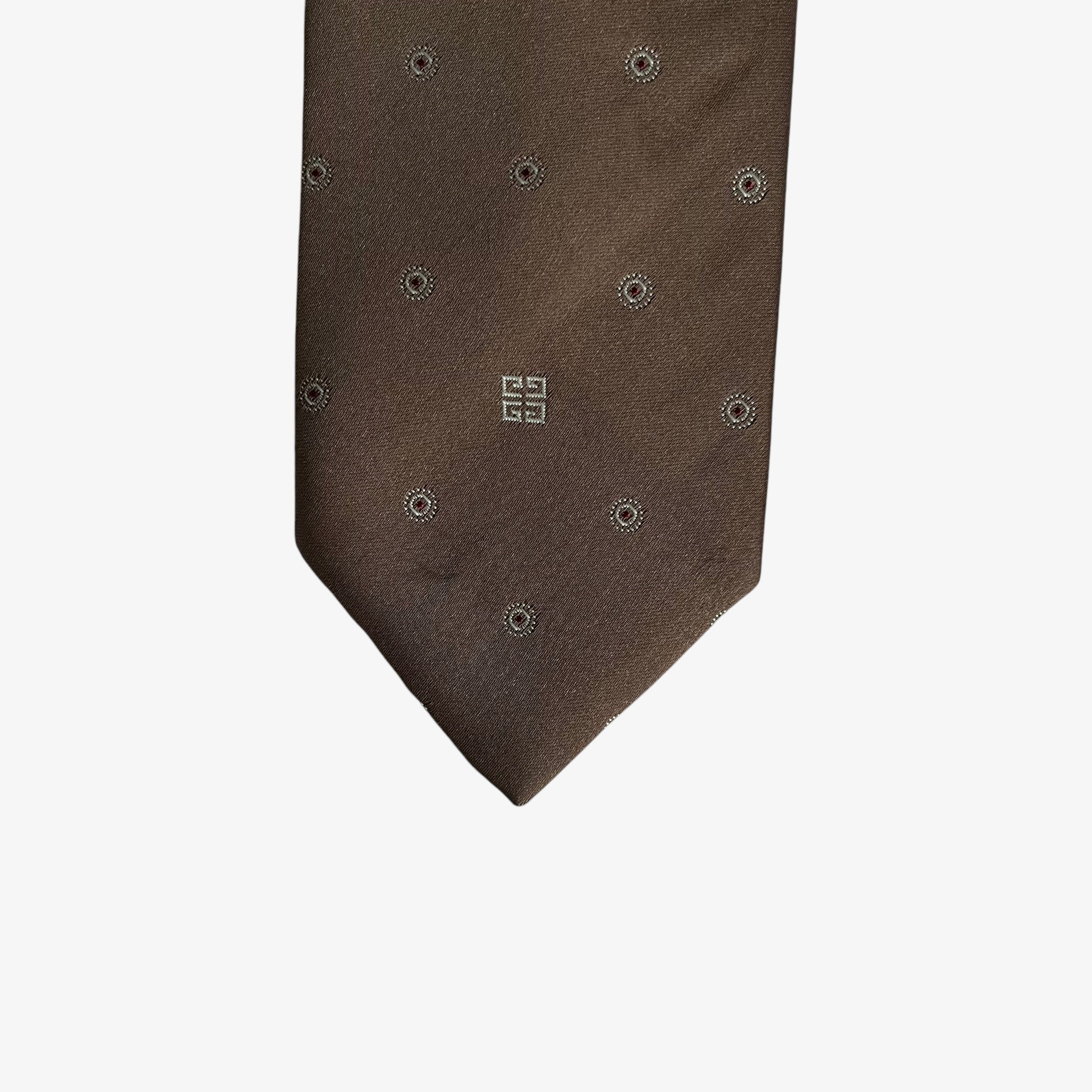 Vintage 80s Givenchy Monsieur Geometric Print Brown Silk Blend Tie Logo - Casspios Dream