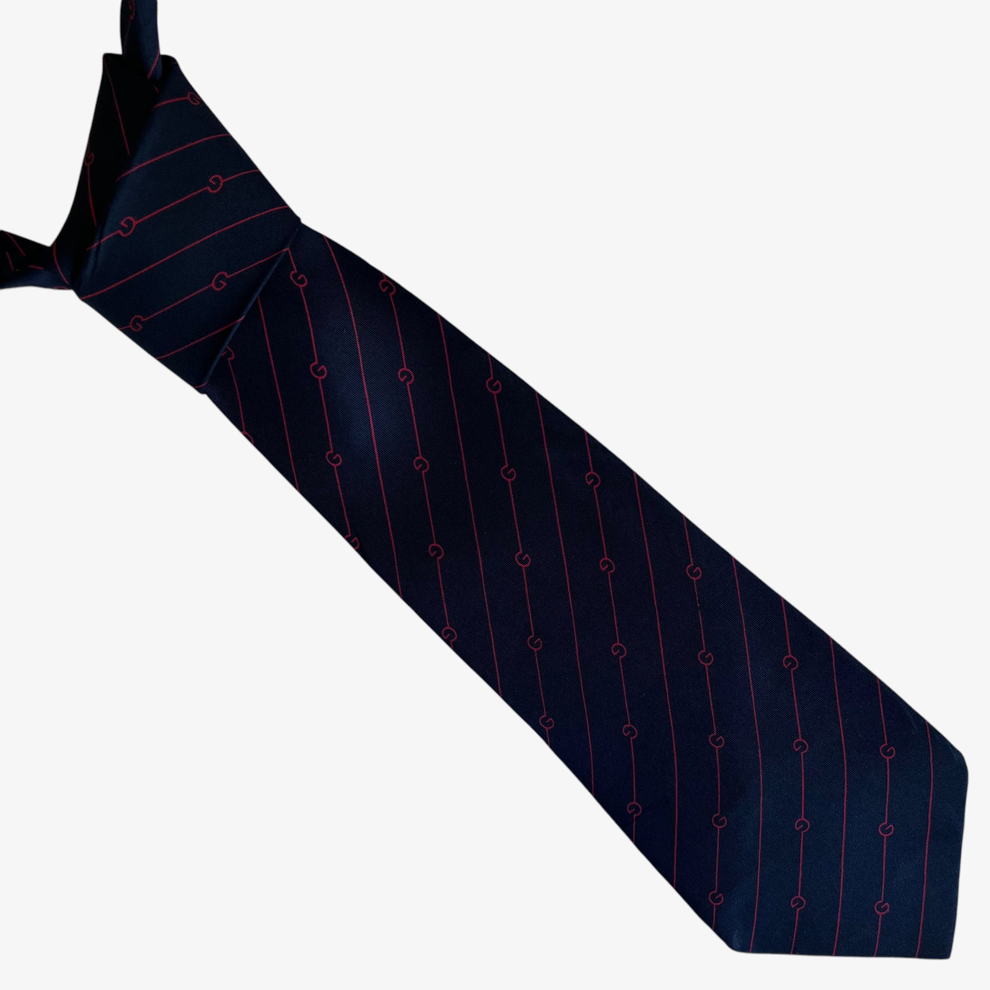 Vintage 80s Gucci G Monogram Red And Navy Striped Silk Tie - Casspios Dream