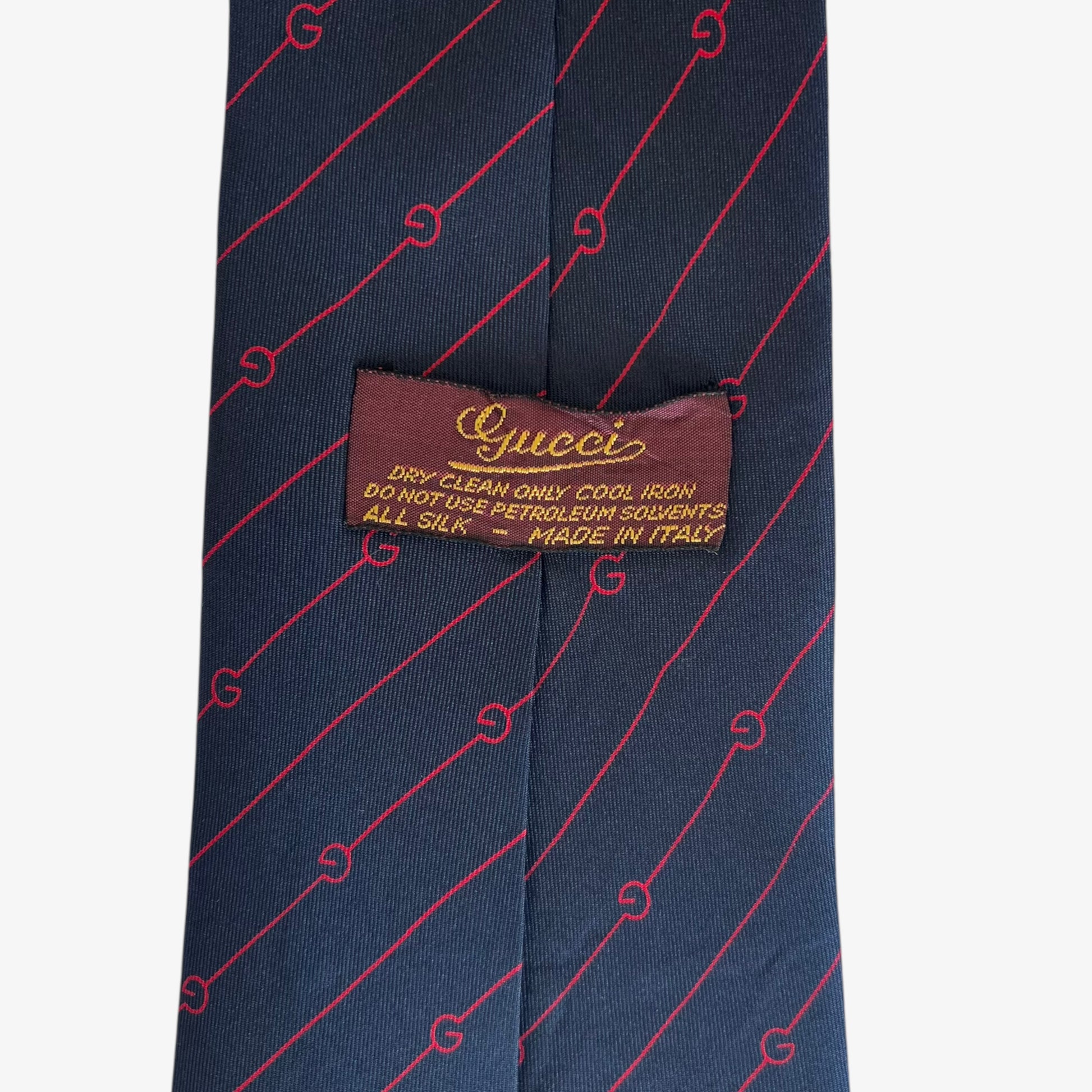 Vintage 80s Gucci G Monogram Red And Navy Striped Silk Tie Label - Casspios Dream