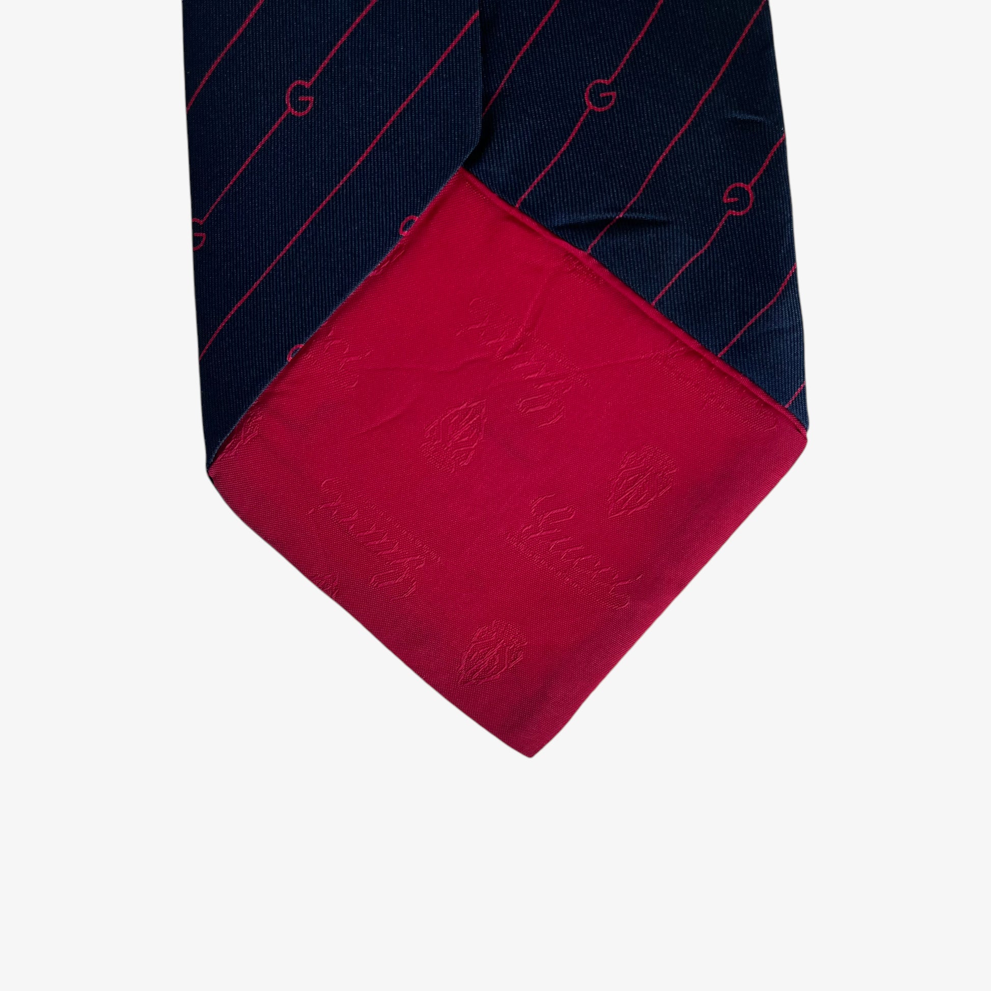 Vintage 80s Gucci G Monogram Red And Navy Striped Silk Tie Logo - Casspios Dream