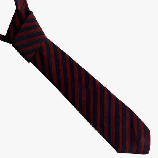 Vintage 80s Gucci Red And Navy Striped Silk Tie With Interlocking GG Logo - Casspios Dream
