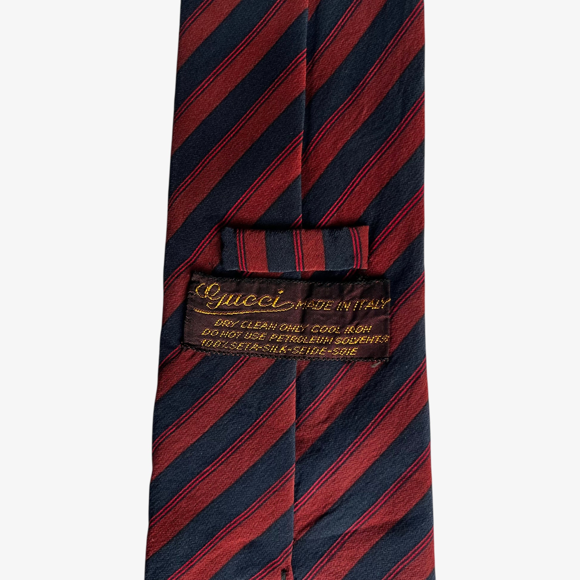 Vintage 80s Gucci Red And Navy Striped Silk Tie With Interlocking GG Logo Label - Casspios Dream