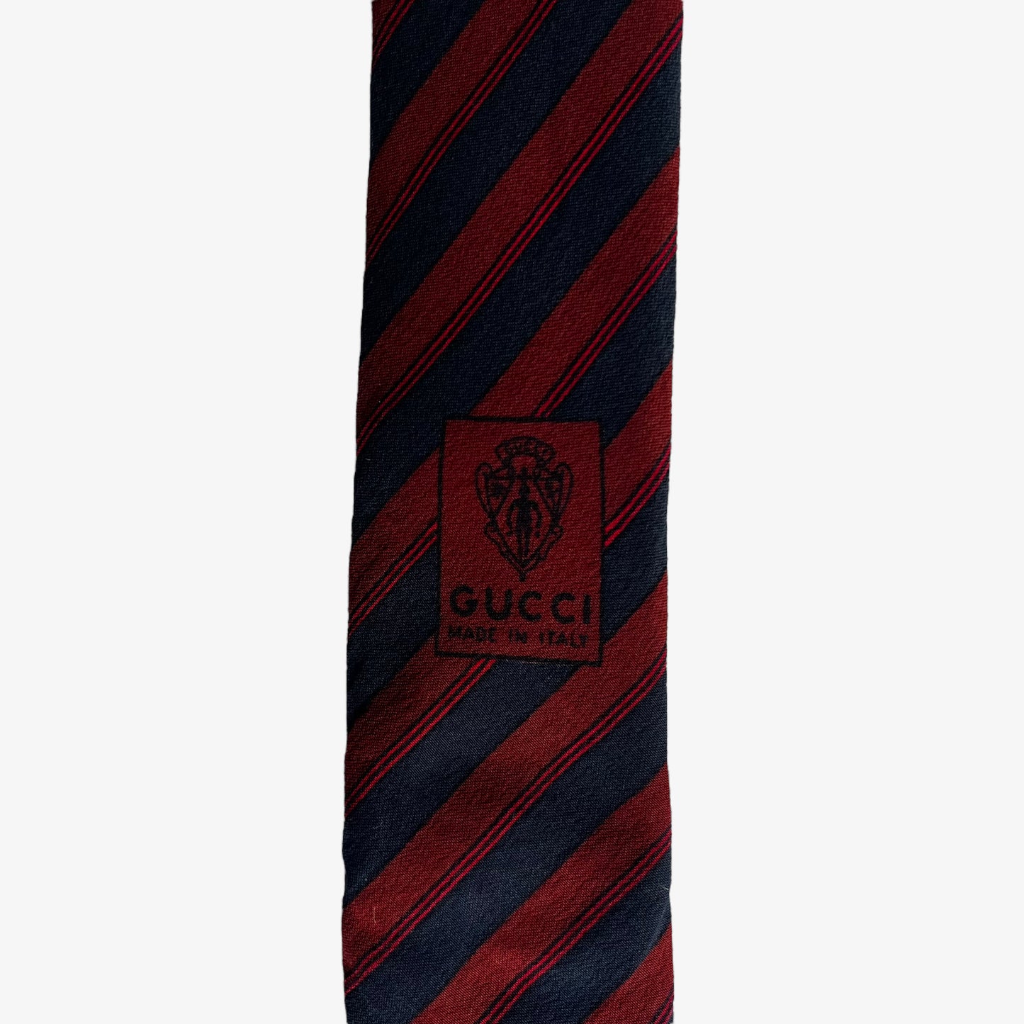 Vintage 80s Gucci Red And Navy Striped Silk Tie With Interlocking GG Logo Made In Italy - Casspios Dream