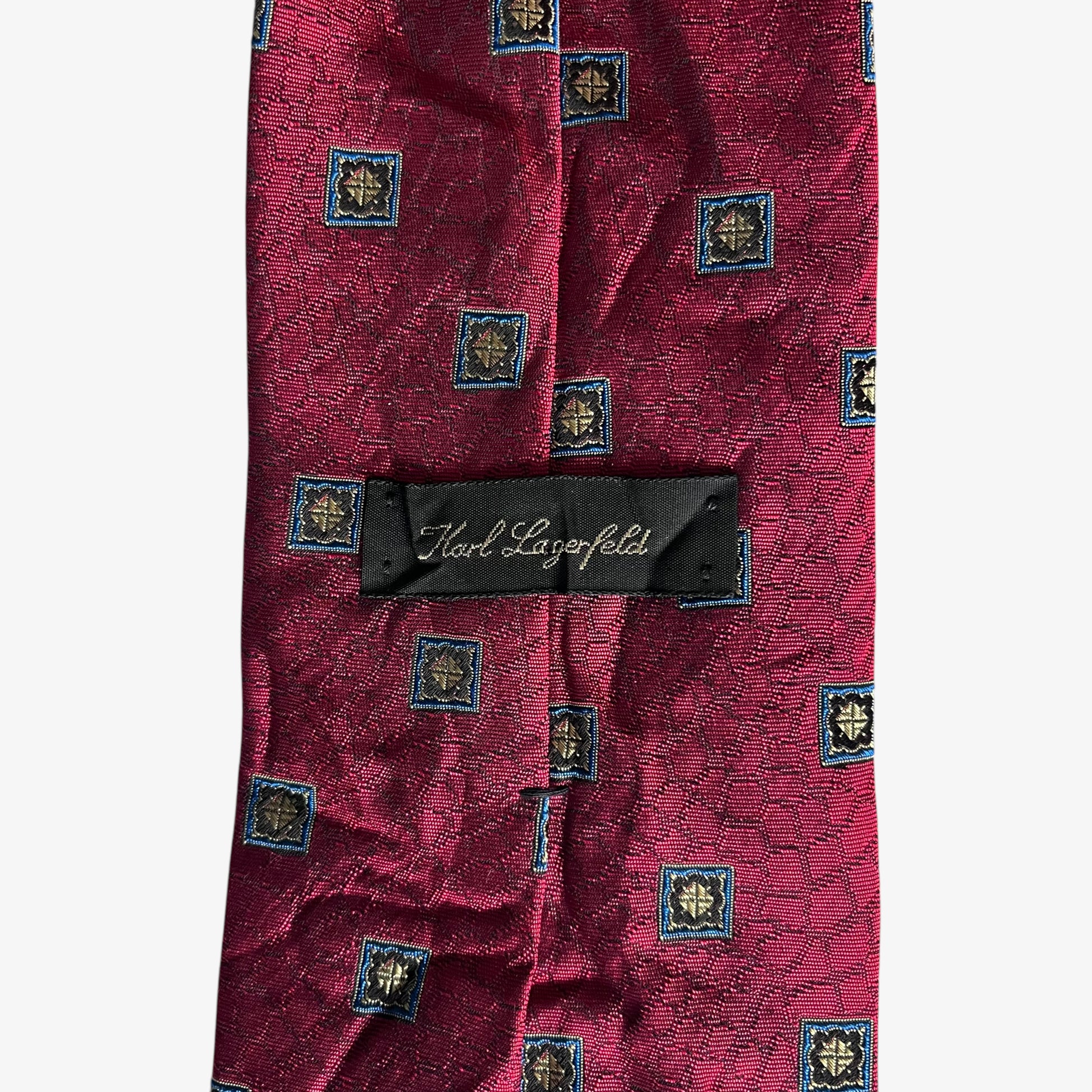Vintage 80s Karl Lagerfeld Geometric Square Print Red Snake Scale Silk Tie Label - Casspios Dream