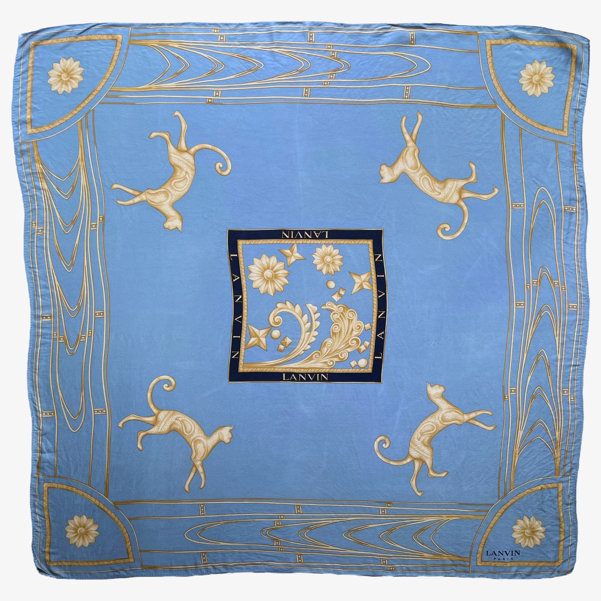 Women's vintage 80s Lanvin Paris gold art deco cat print blue silk scarf.