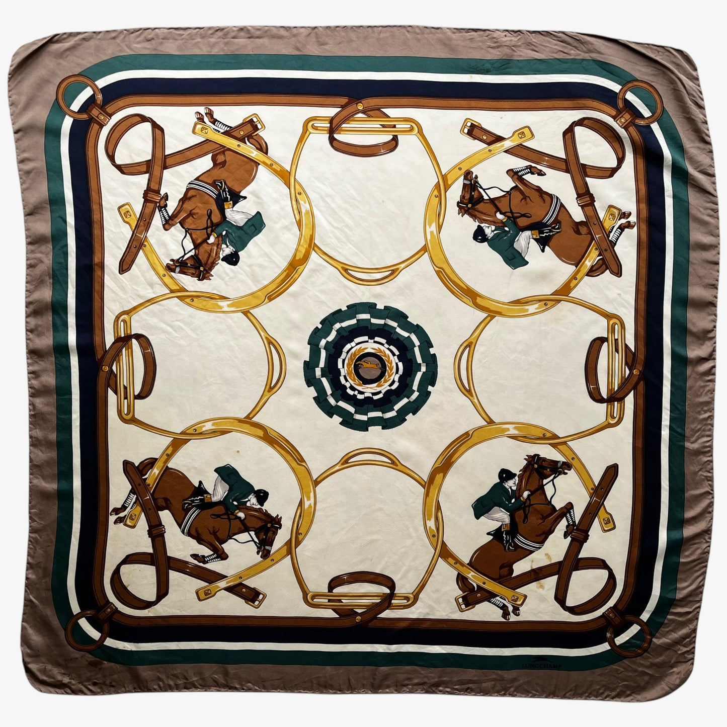 Women's vintage 80s Longchamp equestrian and horseshoe print silk scarf.