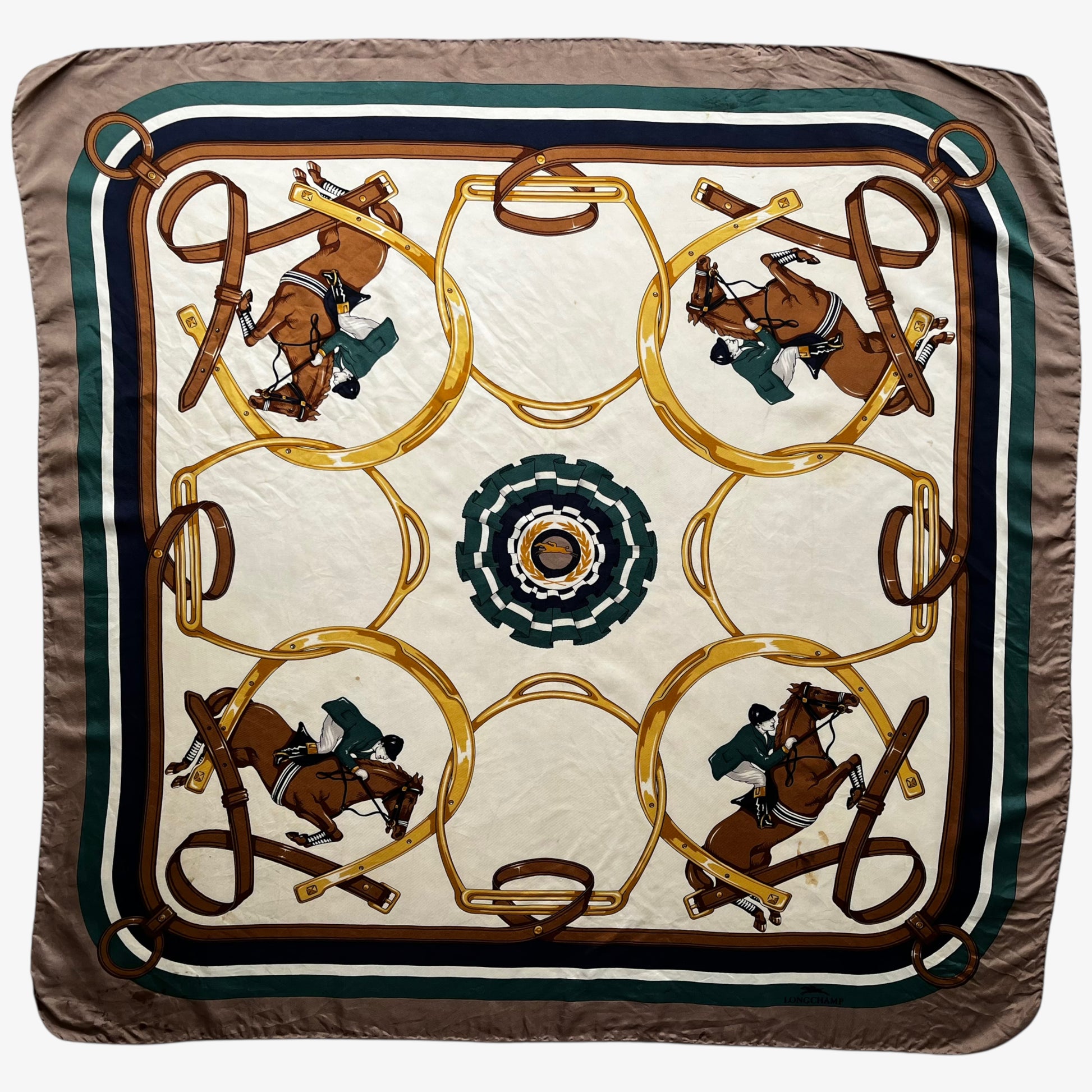 Women's vintage 80s Longchamp equestrian and horseshoe print silk scarf.