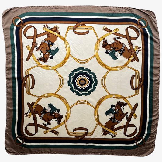 Women's vintage 80s Longchamp equestrian and horseshoe print silk scarf.