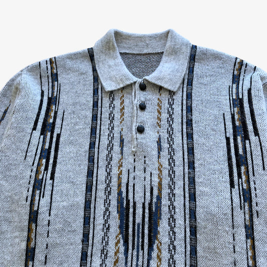 Vintage 80s Mens Abstract Print Grey Collared Jumper Pattern - Casspios Dream