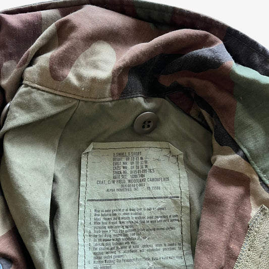 Vintage 80s Mens Alpha Industries US Army C/W Field Woodland Camouflage Jacket Label - Casspios Dream