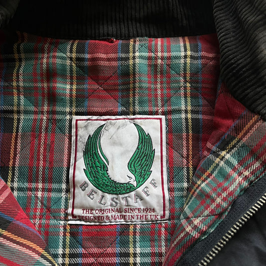 Vintage 80s Mens Belstaff Black Biker Jacket With Corduroy Collar & Back Reflective Strip Label - Casspios Dream