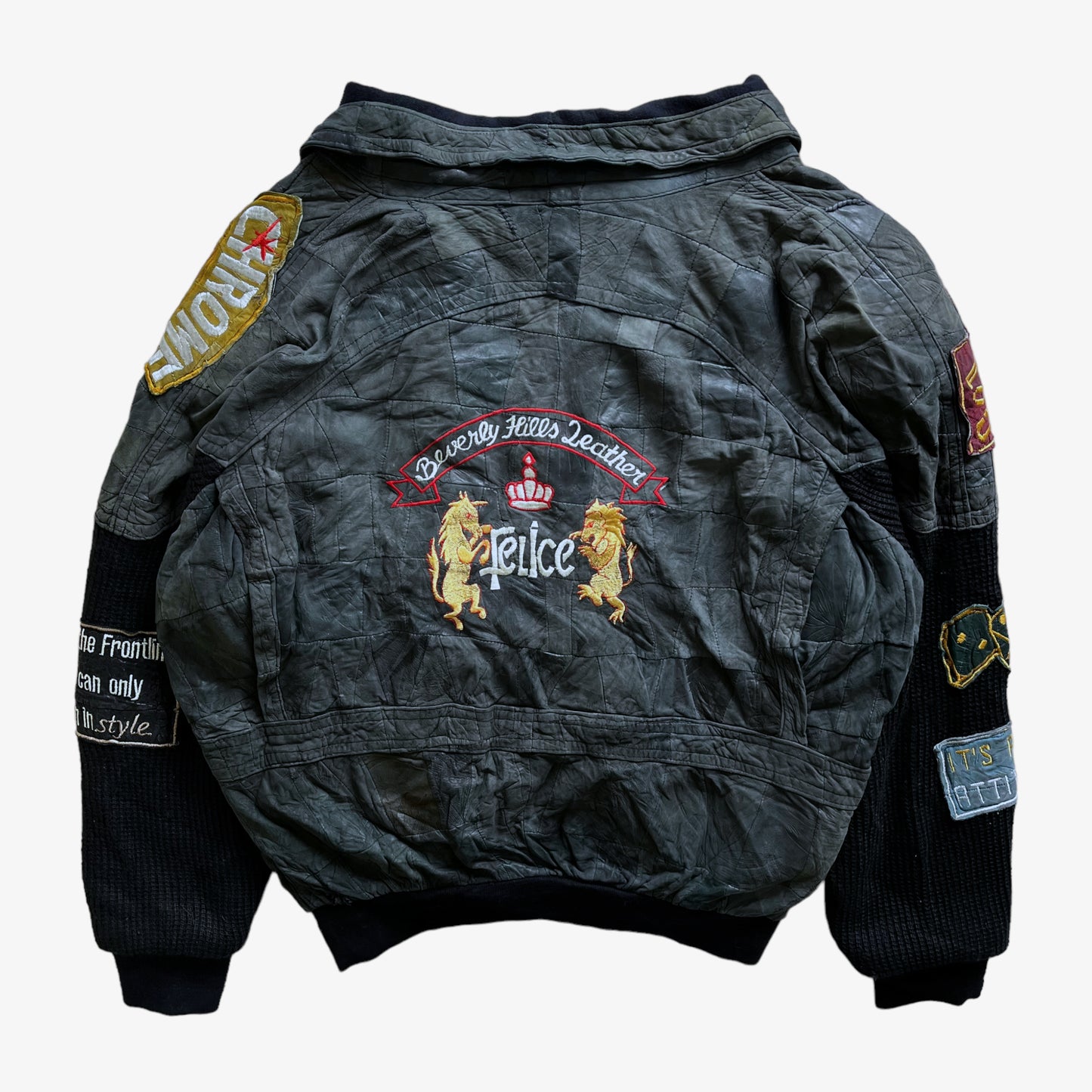 Vintage 80s Mens Beverly Hills Black Leather &amp; Wool Cardigan With Back Embroidered Spell Out Back - Casspios Dream
