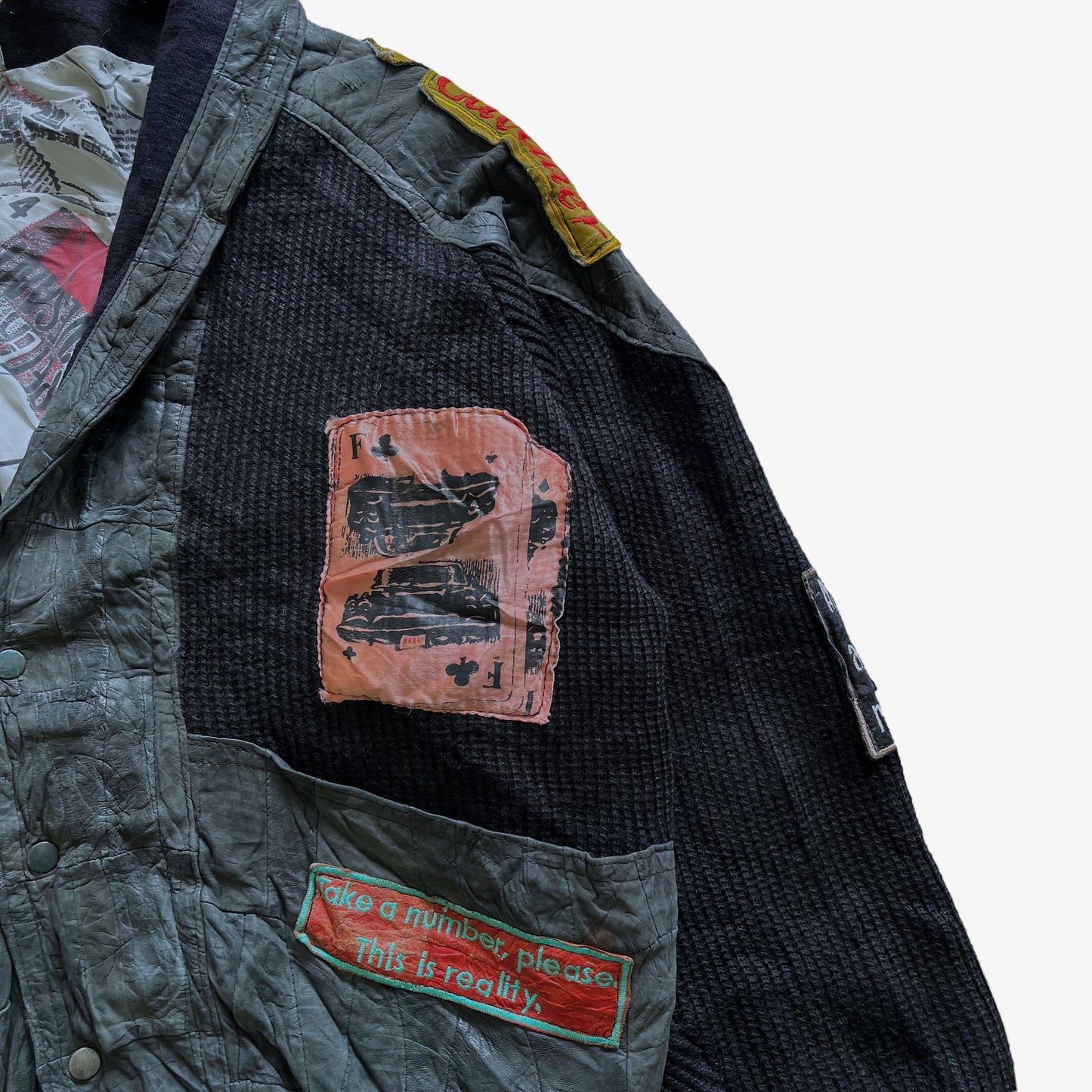 Vintage 80s Mens Beverly Hills Black Leather &amp; Wool Cardigan With Back Embroidered Spell Out Military - Casspios Dream