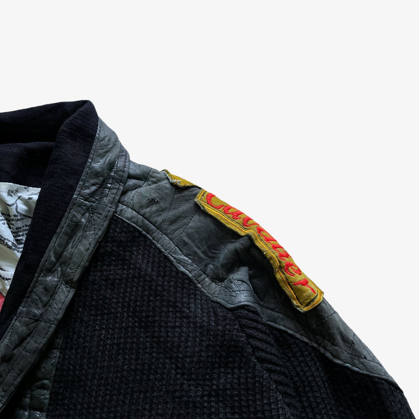 Vintage 80s Mens Beverly Hills Black Leather &amp; Wool Cardigan With Back Embroidered Spell Out Shoulder - Casspios Dream