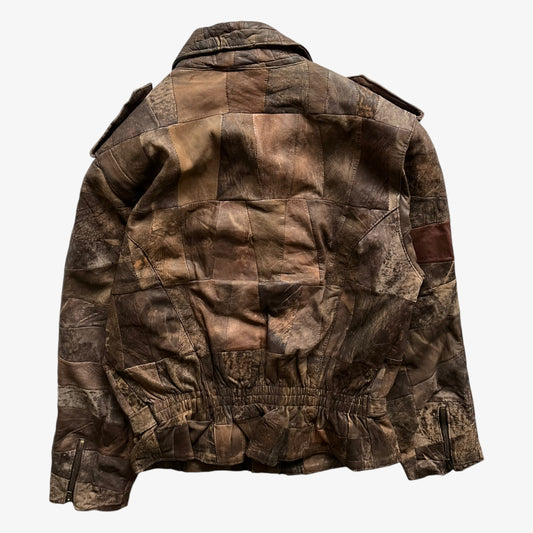 Vintage 80s Mens Brown Leather Patchwork Biker Jacket Back - Casspios Dream