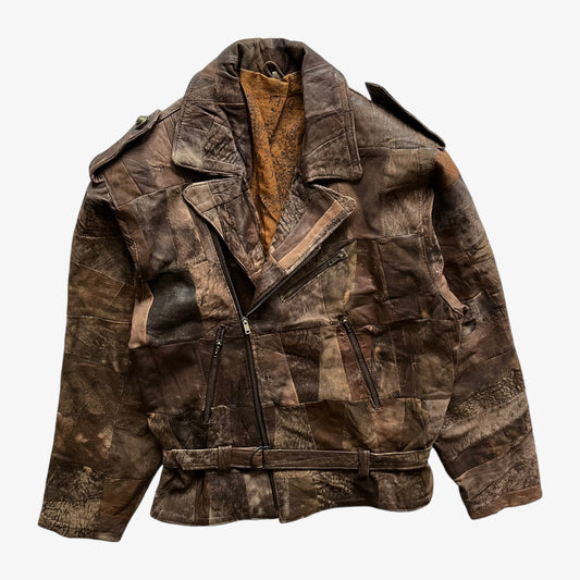 Vintage 80s Mens Brown Leather Patchwork Biker Jacket - Casspios Dream