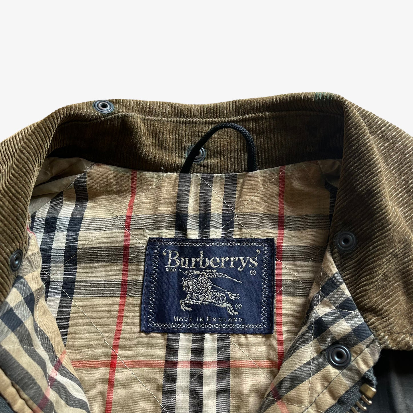Vintage 80s Mens Burberry Khaki Waxed Jacket With Corduroy Collar Label - Casspios Dream