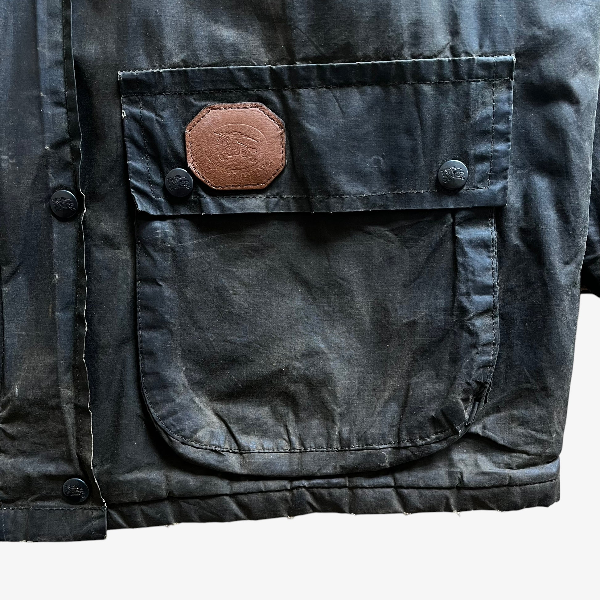 Vintage 80s Mens Burberry Khaki Waxed Jacket With Corduroy Collar Logo - Casspios Dream