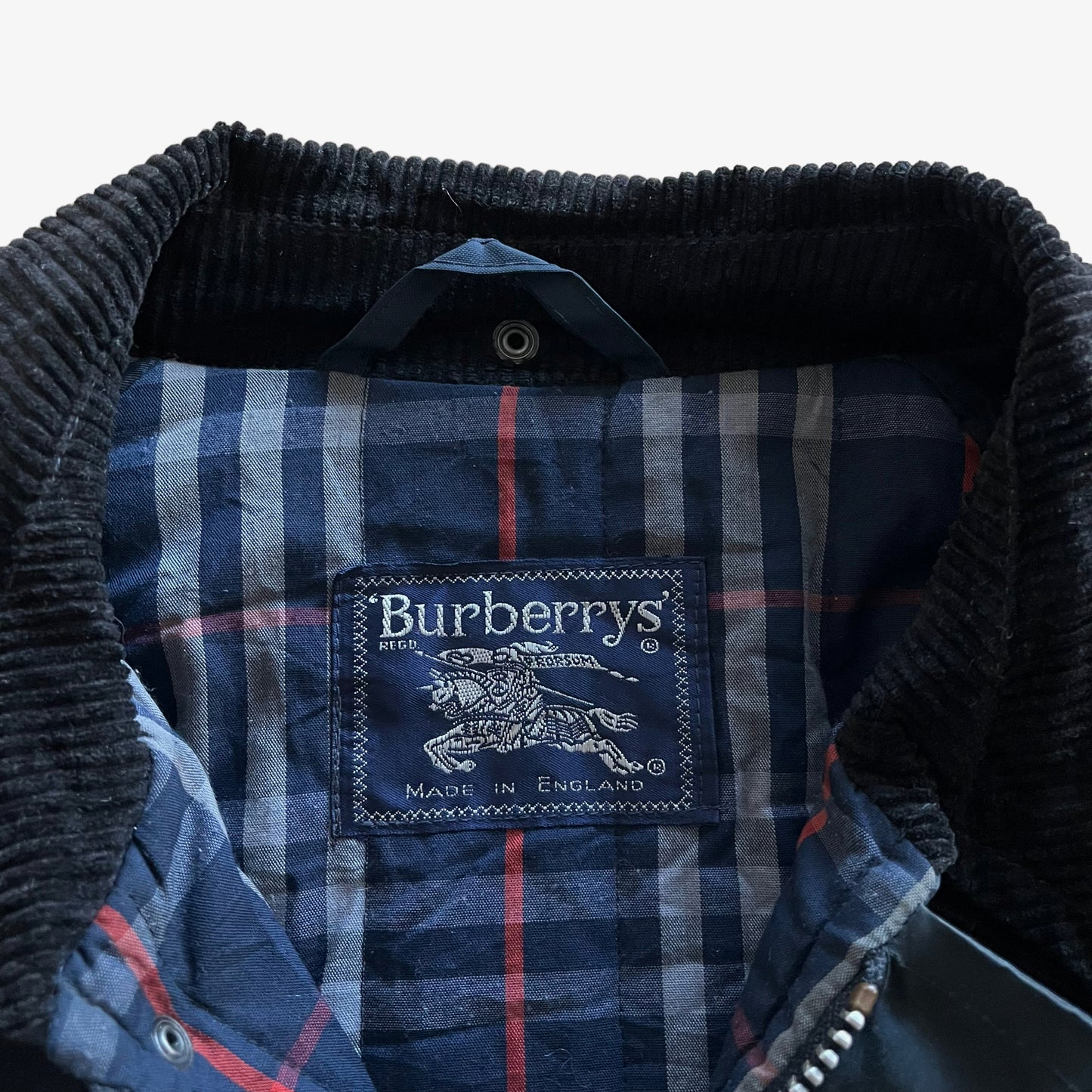 Vintage 80s Mens Burberry Navy Waxed Jacket With Black Corduroy Collar Label - Casspios Dream