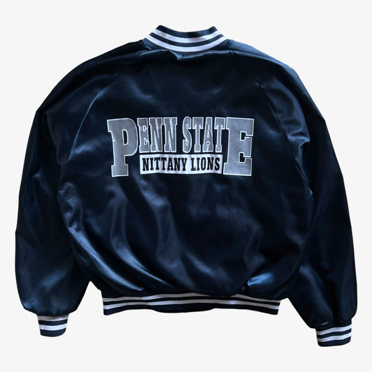 Vintage 80s Mens Chalk Line Penn State Navy Satin Varsity Jacket With Back Spell Out Back - Casspios Dream