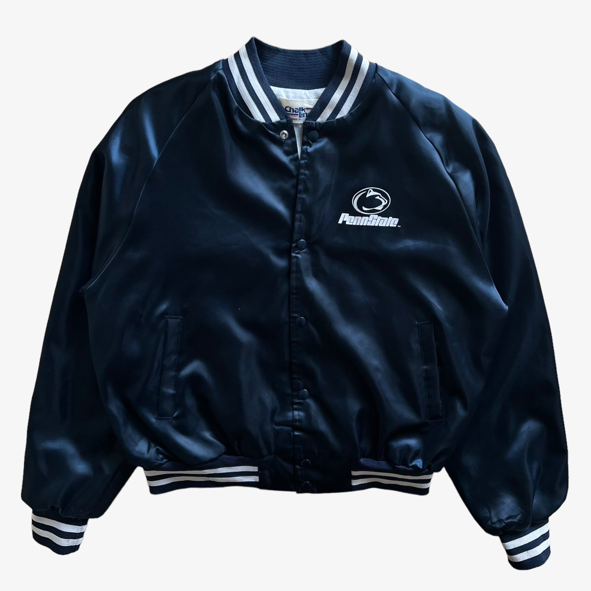 Vintage 80s Mens Chalk Line Penn State Navy Satin Varsity Jacket With Back Spell Out - Casspios Dream