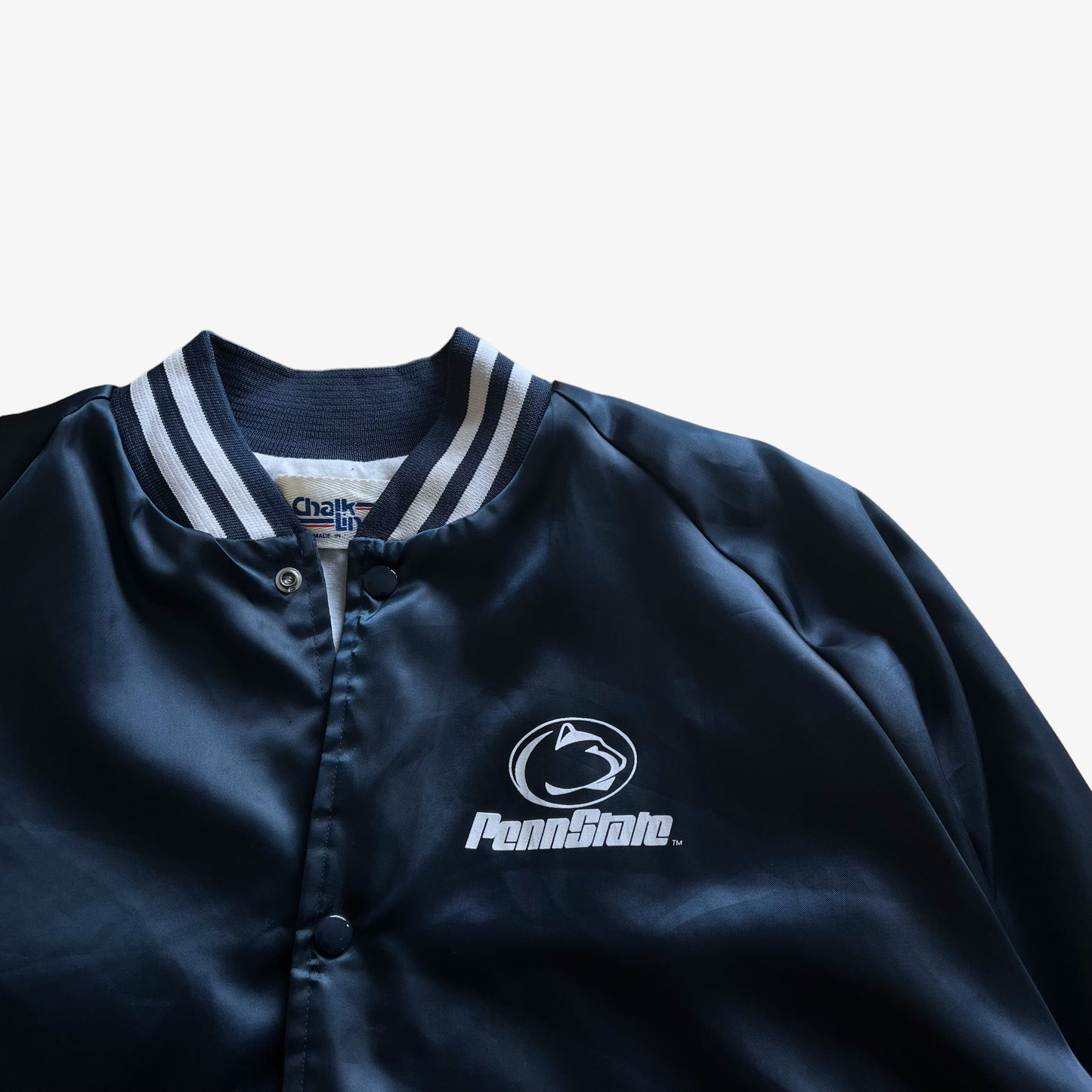 Vintage 80s Mens Chalk Line Penn State Navy Satin Varsity Jacket With Back Spell Out Logo - Casspios Dream