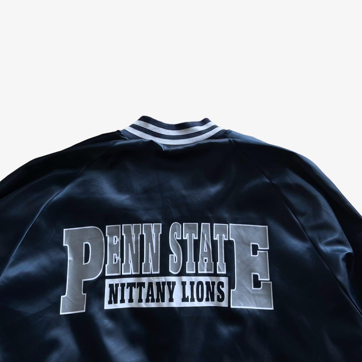Vintage 80s Mens Chalk Line Penn State Navy Satin Varsity Jacket With Back Spell Out Printed Logo - Casspios Dream