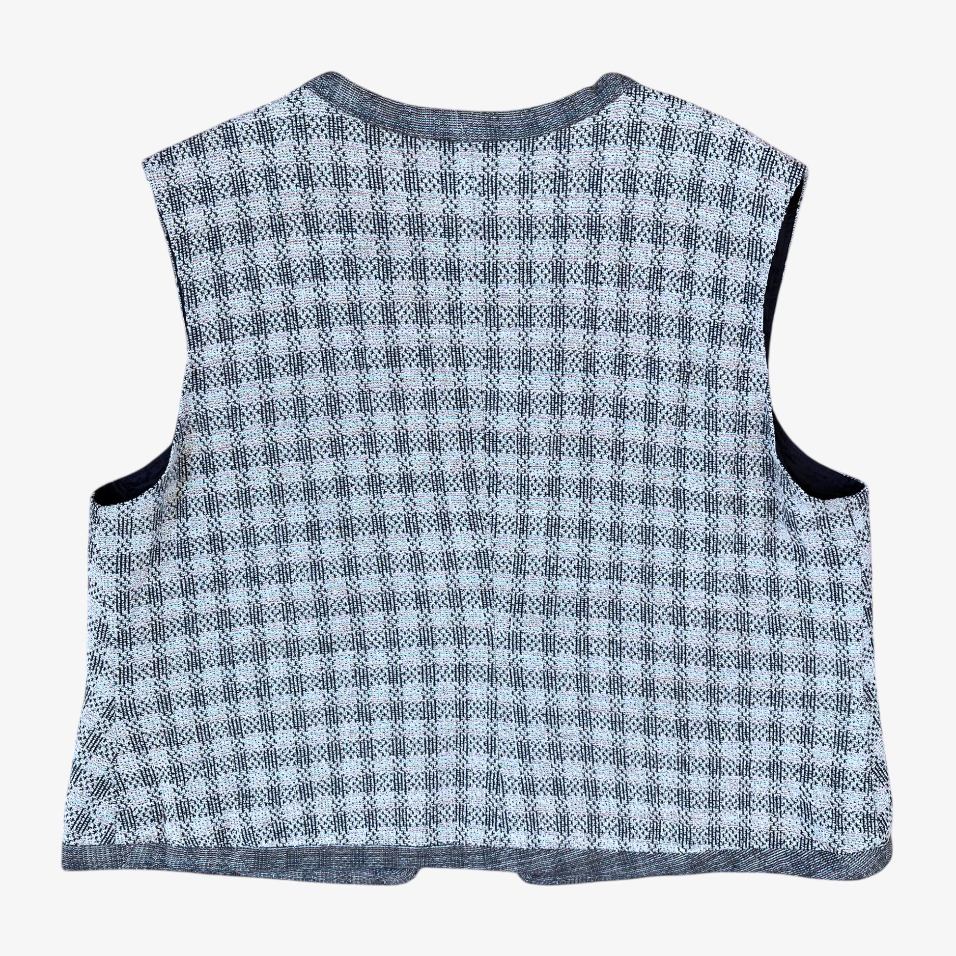 Back of vintage 80s men's colourful checkered patterned wool blend waistcoat.