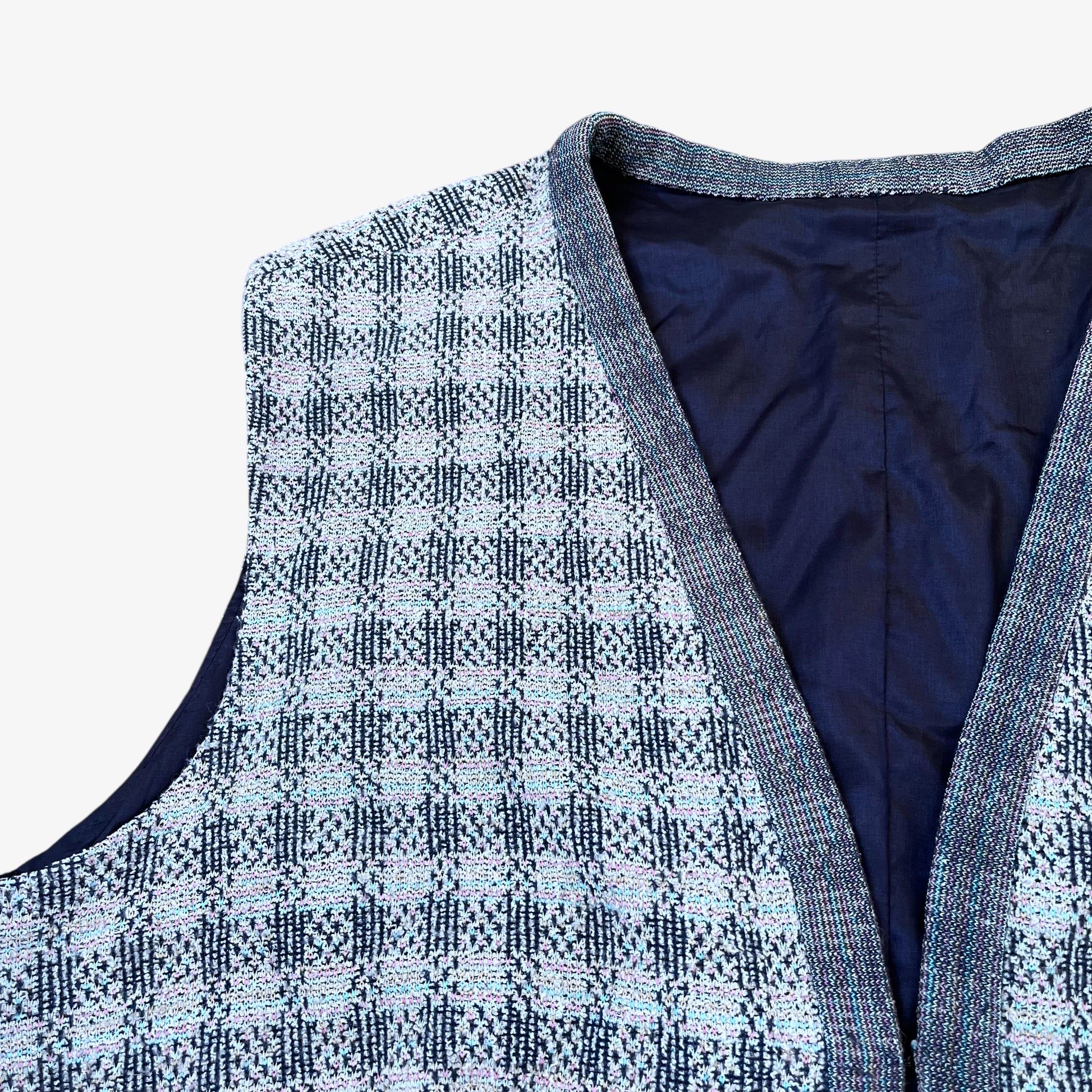 Close up of Missoni styled colourful checkered patterned wool blend vintage 80s men's waistcoat.