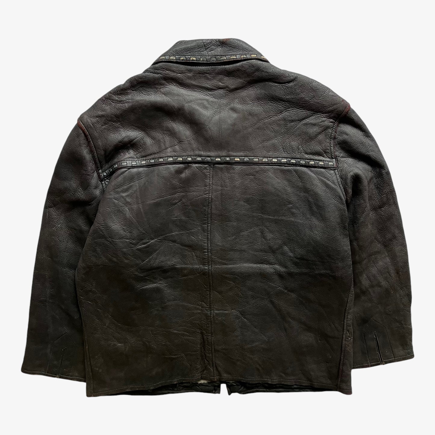 Vintage 80s Mens Dark Brown Leather Jacket With Woven Trim Back - Casspios Dream