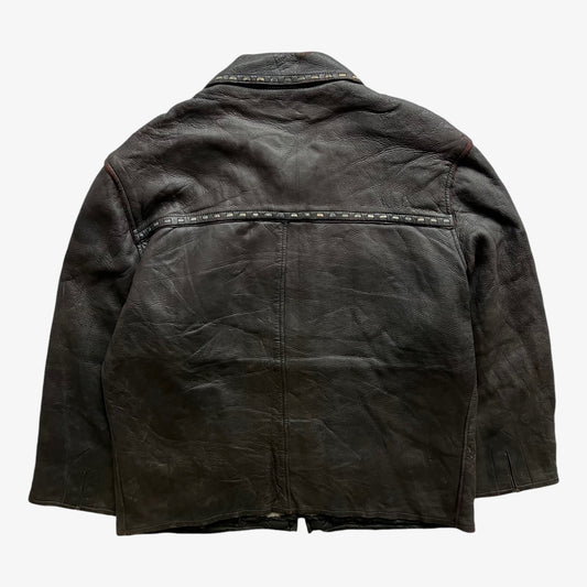 Vintage 80s Mens Dark Brown Leather Jacket With Woven Trim Back - Casspios Dream