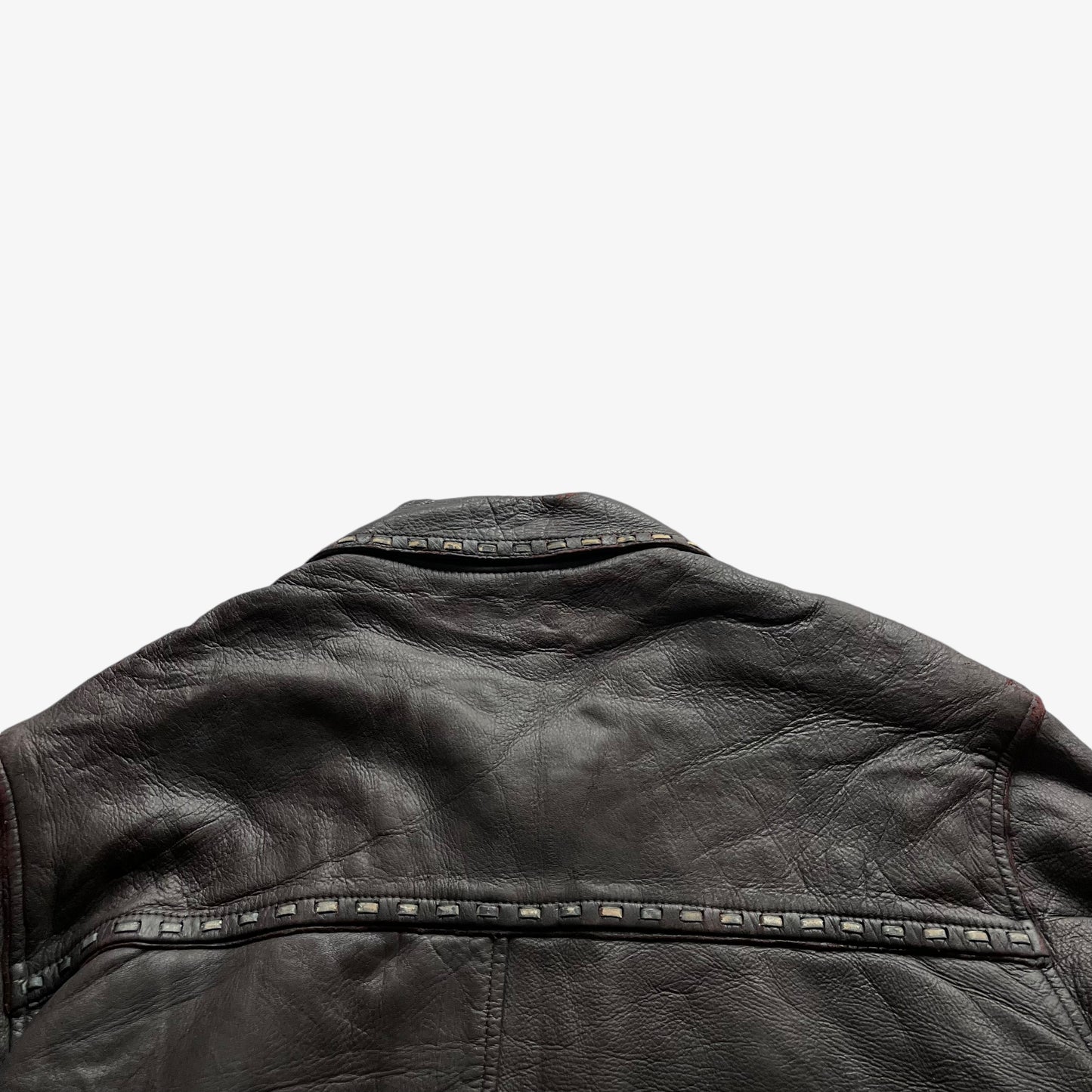 Vintage 80s Mens Dark Brown Leather Jacket With Woven Trim Back Collar - Casspios Dream