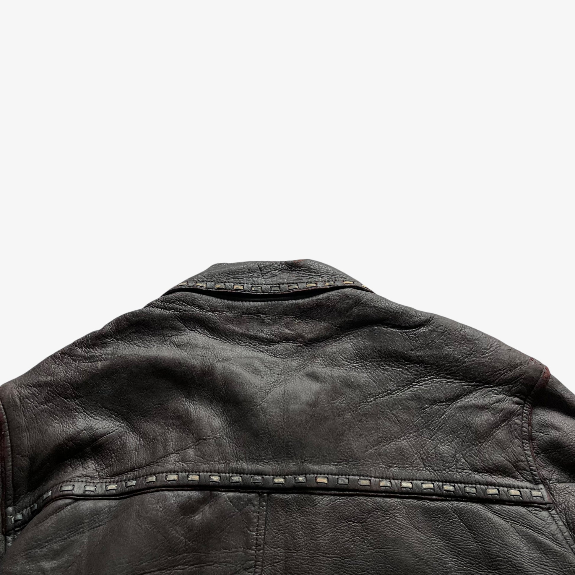 Vintage 80s Mens Dark Brown Leather Jacket With Woven Trim Back Collar - Casspios Dream