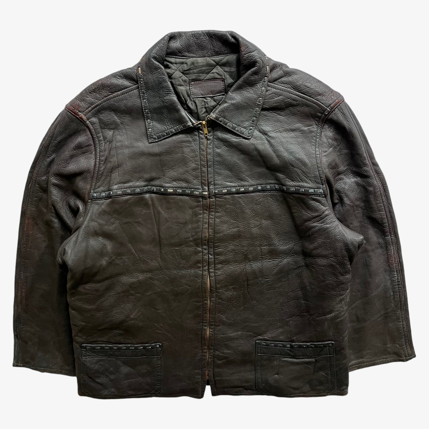 Vintage 80s Mens Dark Brown Leather Jacket With Woven Trim - Casspios Dream