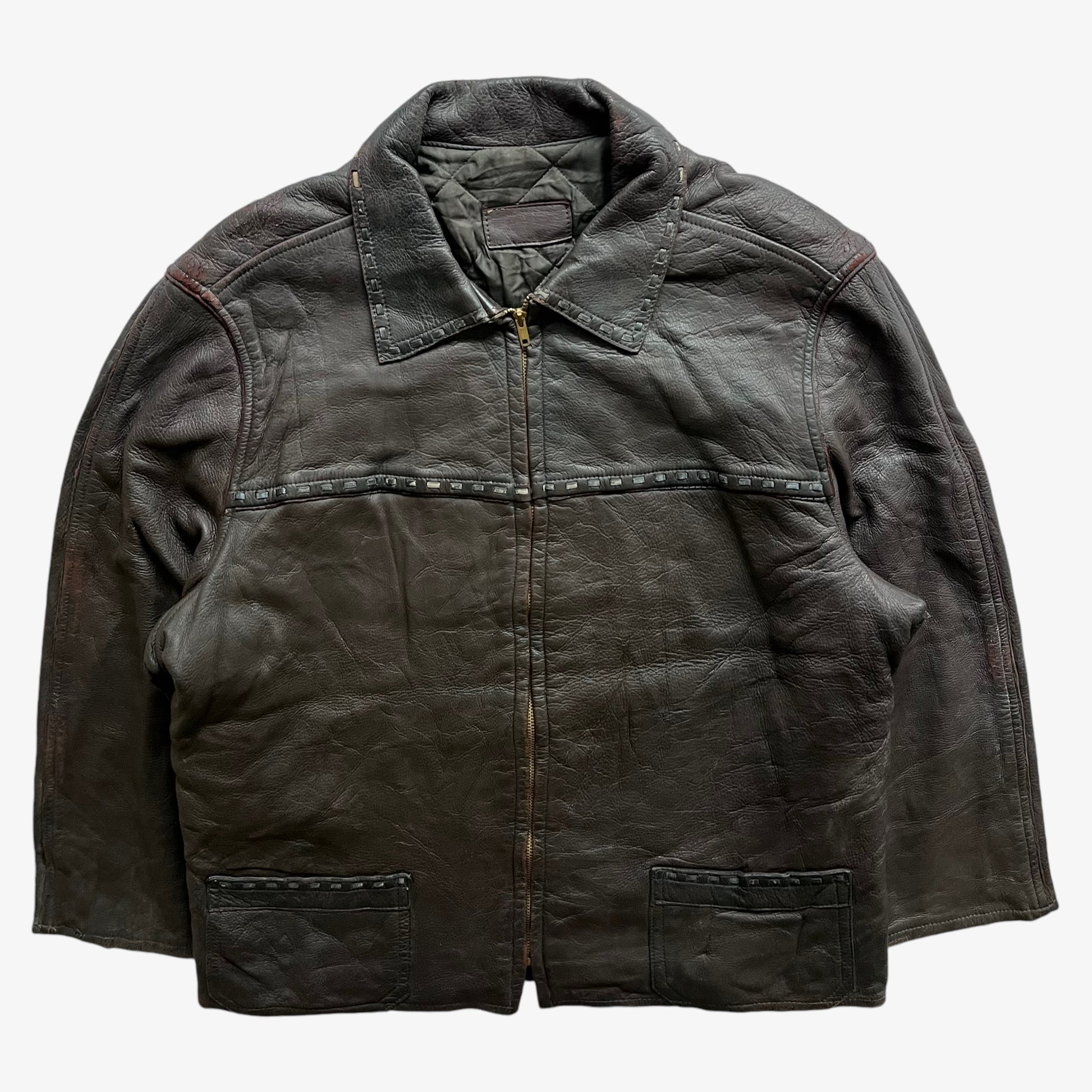 Vintage 80s Mens Dark Brown Leather Jacket With Woven Trim - Casspios Dream