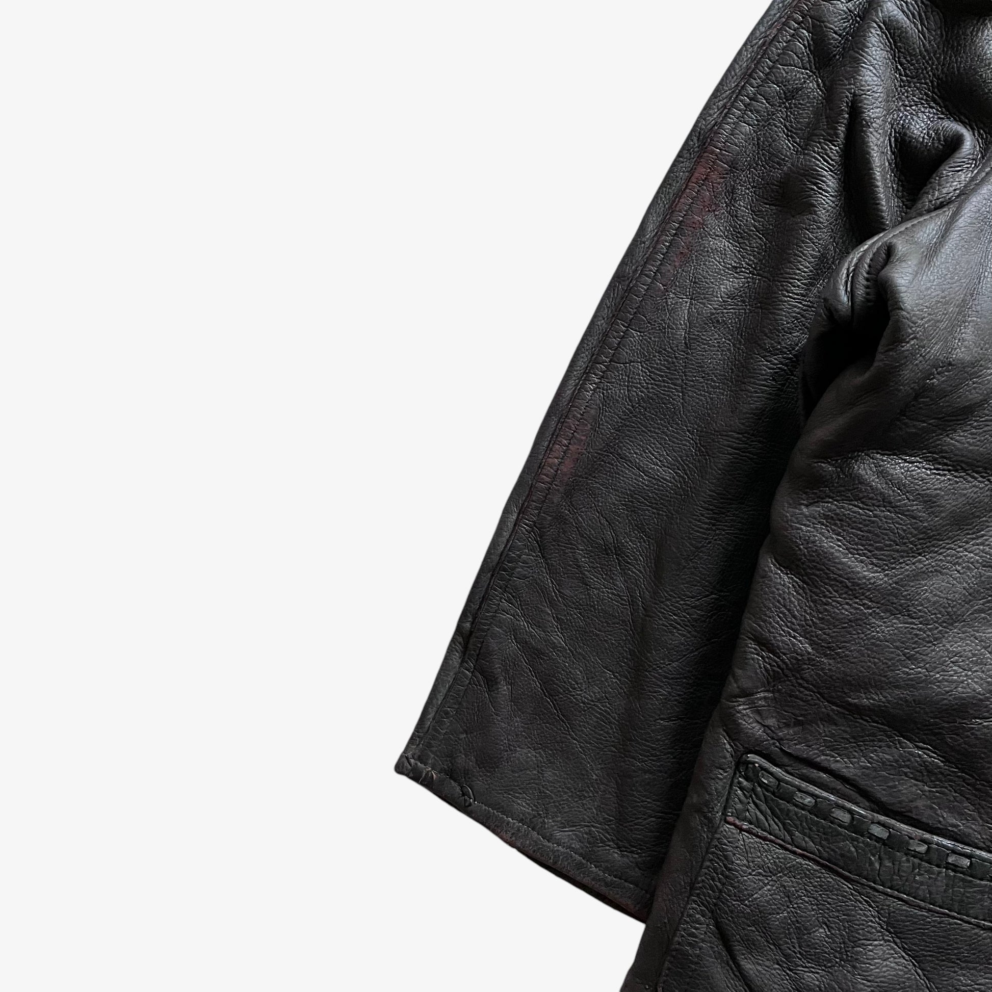 Vintage 80s Mens Dark Brown Leather Jacket With Woven Trim Cuff - Casspios Dream